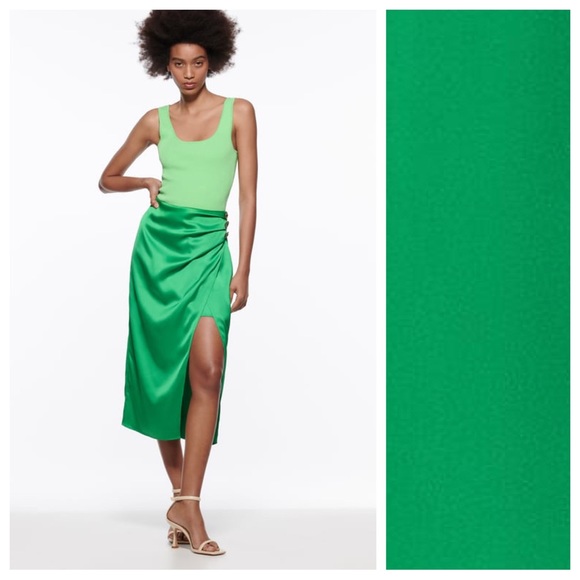 NWT. Zara Emerald Satin Effect Ruched Midi Skirt. Size S. - Picture 1 of 11